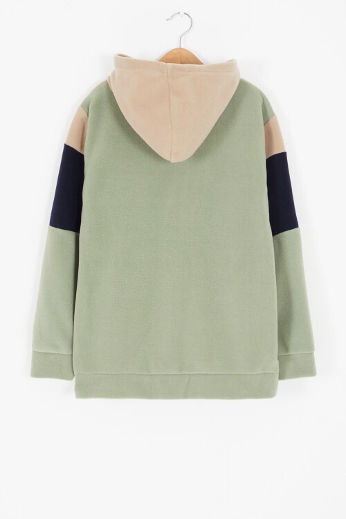 Krem Renk Bloklu Polarlı Kapüşonlu Unisex Çocuk Sweatshirt 16906