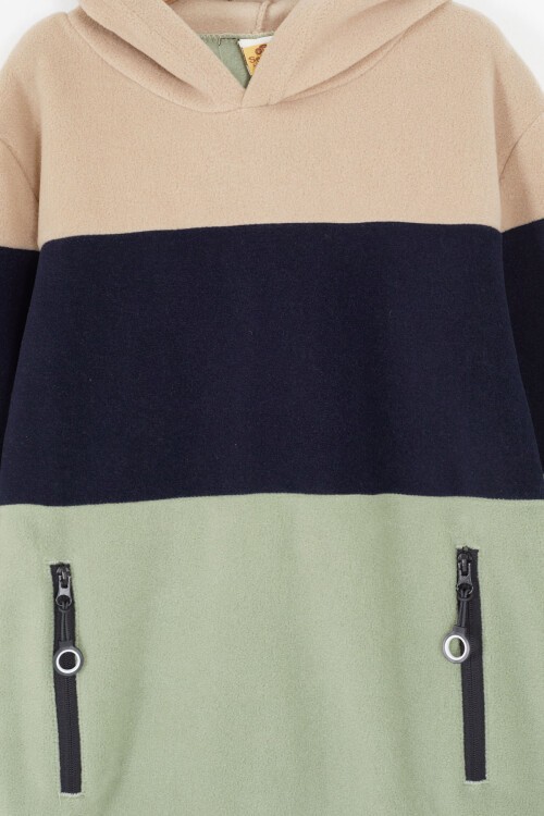 Krem Renk Bloklu Polarlı Kapüşonlu Unisex Çocuk Sweatshirt 16906
