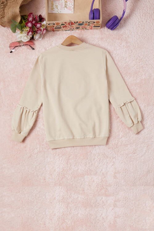 Krem Renkli Kalp Desenli Payetli Kız Çocuk Sweatshirt 16697