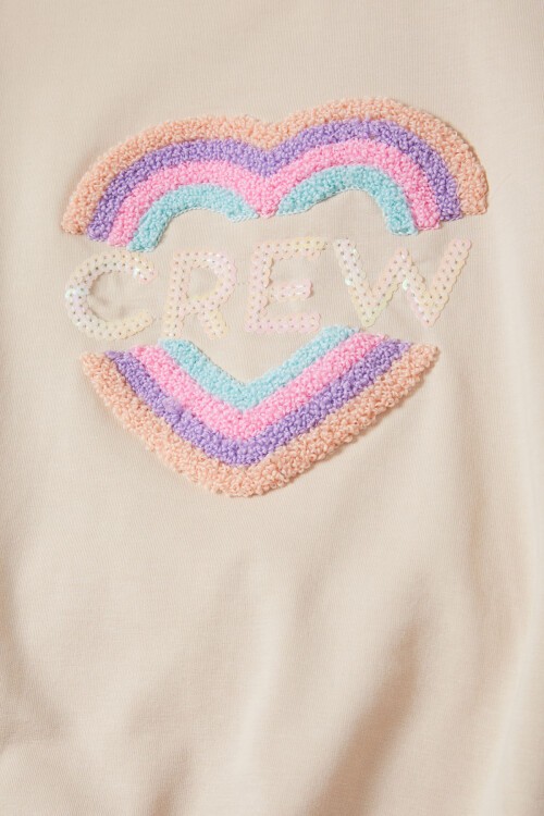 Krem Renkli Kalp Desenli Payetli Kız Çocuk Sweatshirt 16697