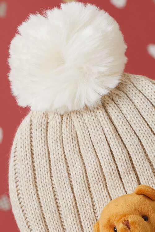 Krem Sevimli Ayıcıklı Renkli Ponponlu Çocuk Bere 17238