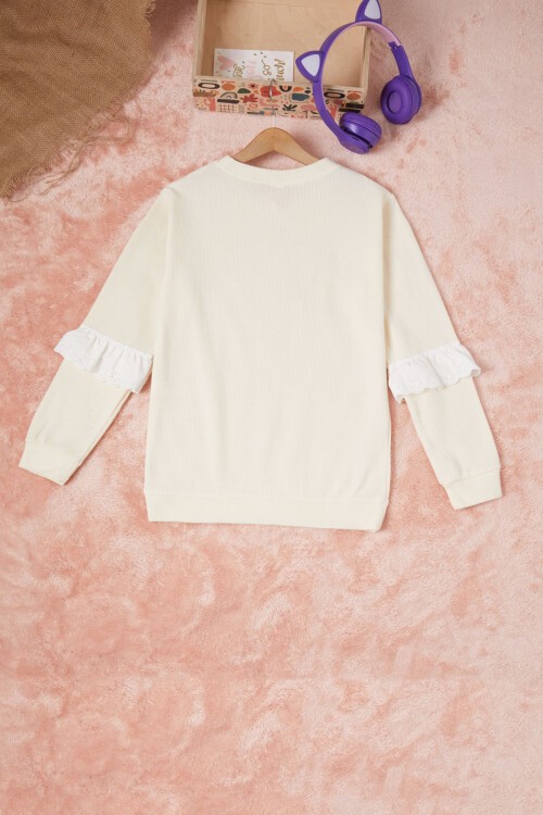 Krem Smile Nakışlı Kız Çocuk Waffle Sweatshirt 16589