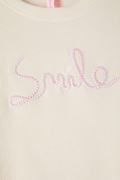 Krem Smile Nakışlı Kız Çocuk Waffle Sweatshirt 16589