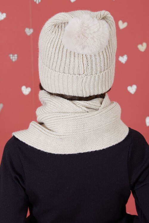 Krem Süper Yazı Baskılı Ponponlu Kız Çocuk Atkı Bere Seti 17306