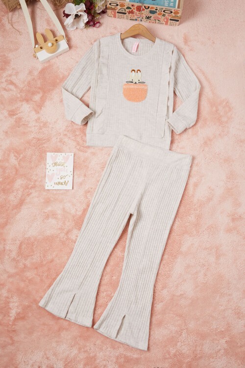 Krem Tavşan Nakışlı Yırtmaçlı Önü Fırfırlı Kız Takım 16609