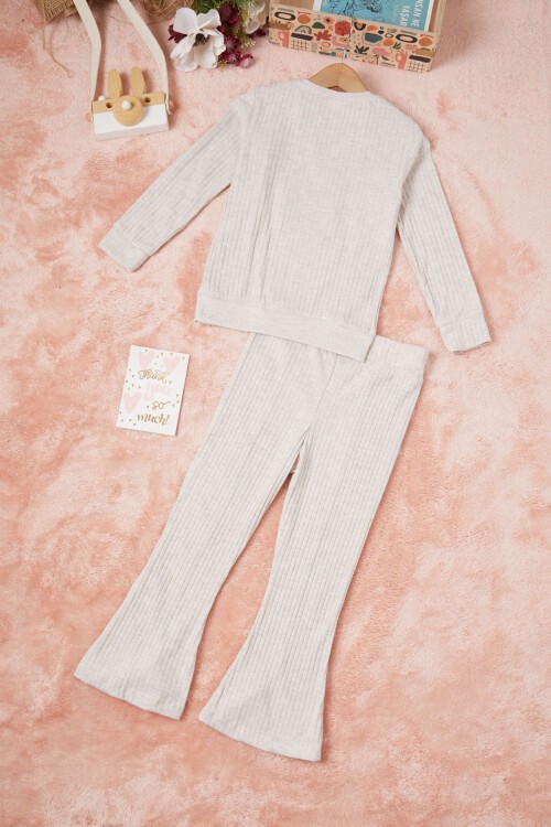 Krem Tavşan Nakışlı Yırtmaçlı Önü Fırfırlı Kız Takım 16609