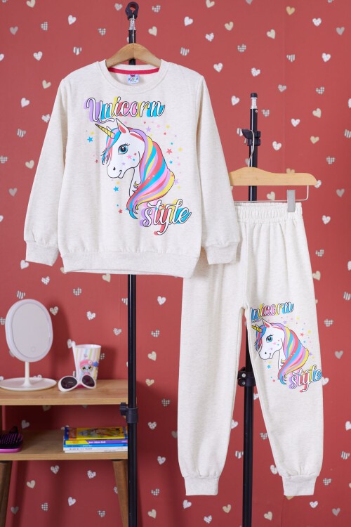 Krem Unicorn Baskılı Şardonlu Kız Çocuk Eşofman Takımı 17355
