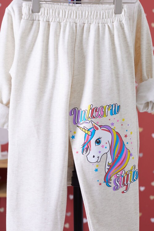 Krem Unicorn Baskılı Şardonlu Kız Çocuk Eşofman Takımı 17355