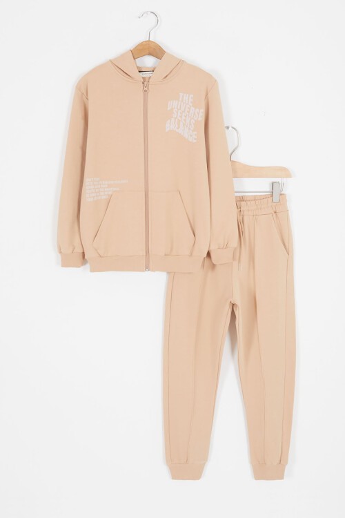 Krem Universe Baskılı Kapüşonlu Hırkalı Kız Eşofman Takımı 16798