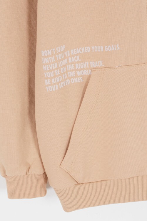 Krem Universe Baskılı Kapüşonlu Hırkalı Kız Eşofman Takımı 16798