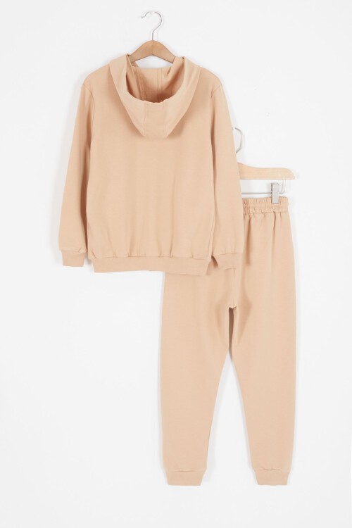 Krem Universe Baskılı Kapüşonlu Hırkalı Kız Eşofman Takımı 16798