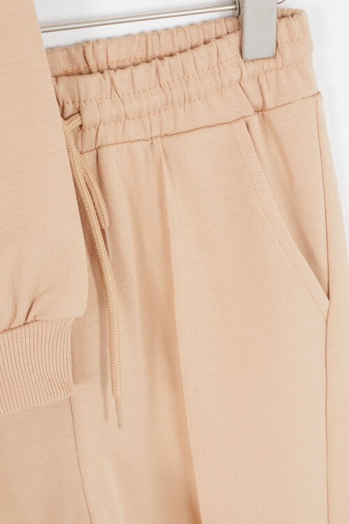 Krem Universe Baskılı Kapüşonlu Hırkalı Kız Eşofman Takımı 16798