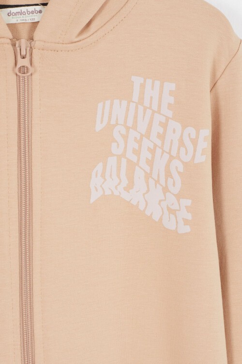 Krem Universe Baskılı Kapüşonlu Hırkalı Kız Eşofman Takımı 16798