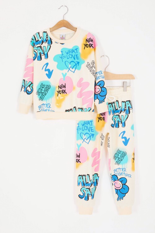 Krem Yazı Baskılı Kız Çocuk Takım 16805