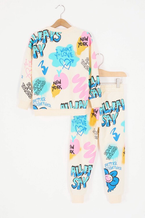 Krem Yazı Baskılı Kız Çocuk Takım 16805