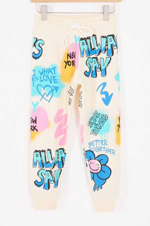 Krem Yazı Baskılı Kız Çocuk Takım 16805