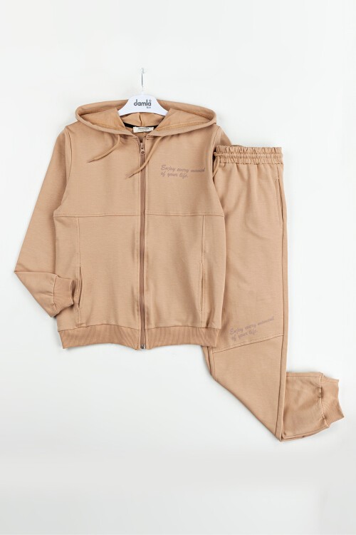 Krem Yazılı Fermuarlı Hırkalı Kız Çocuk Takımı 16620