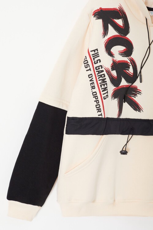 Krem Yazılı Şardonlu Erkek Çocuk Kapüşonlu Sweatshirt 17252