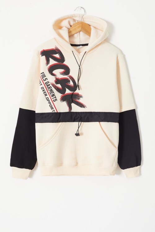 Krem Yazılı Şardonlu Erkek Çocuk Kapüşonlu Sweatshirt 17252