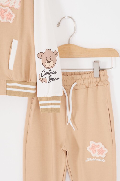 Krem Yıldız Nakışlı Kolej Ceketli Kız Eşofman Takımı 17009