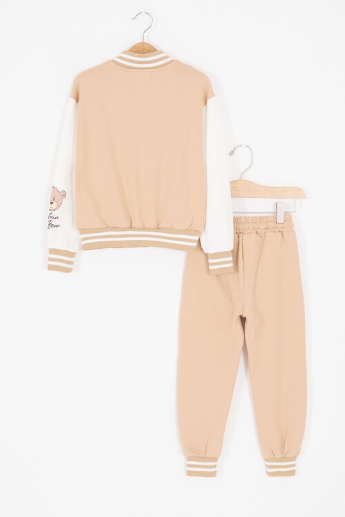 Krem Yıldız Nakışlı Kolej Ceketli Kız Eşofman Takımı 17009