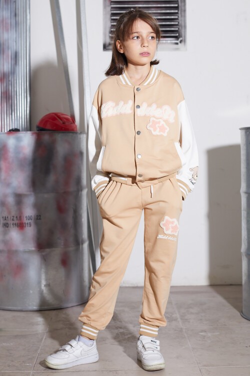 Krem Yıldız Nakışlı Kolej Ceketli Kız Çocuk Eşofman Takımı 16938