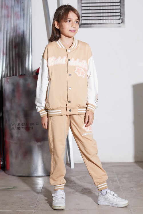 Krem Yıldız Nakışlı Kolej Ceketli Kız Çocuk Eşofman Takımı 16938