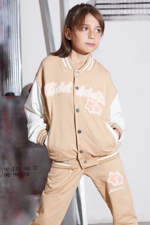 Krem Yıldız Nakışlı Kolej Ceketli Kız Çocuk Eşofman Takımı 16938
