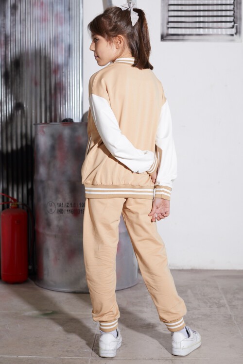 Krem Yıldız Nakışlı Kolej Ceketli Kız Çocuk Eşofman Takımı 16938