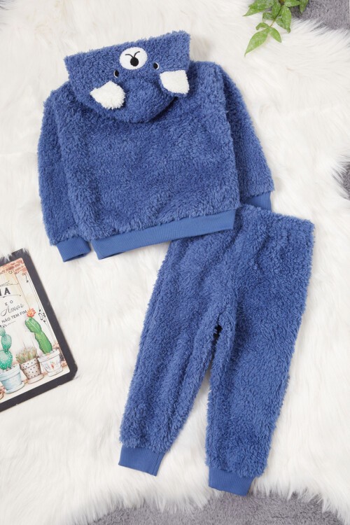 Lacivert Ayıcık Nakışlı Erkek Bebek Peluş Eşofman Takımı 17162