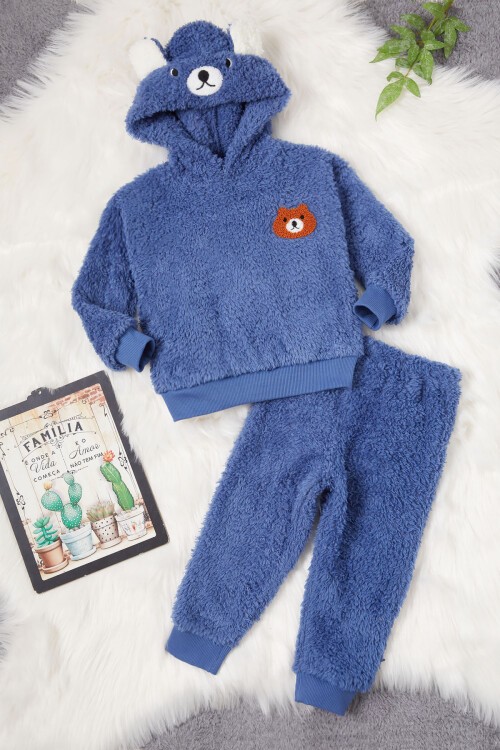 Lacivert Ayıcık Nakışlı Erkek Bebek Peluş Eşofman Takımı 17162