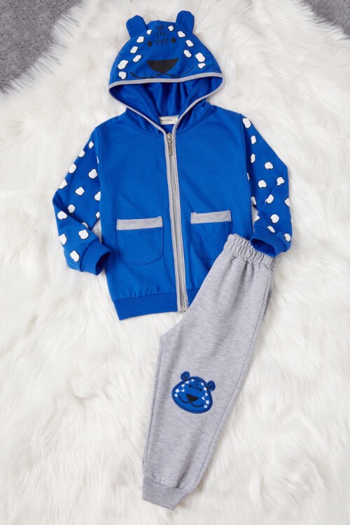 Lacivert Ayıcık Nakışlı Kapşonlu Hırkalı Erkek Bebek Takımı 16628