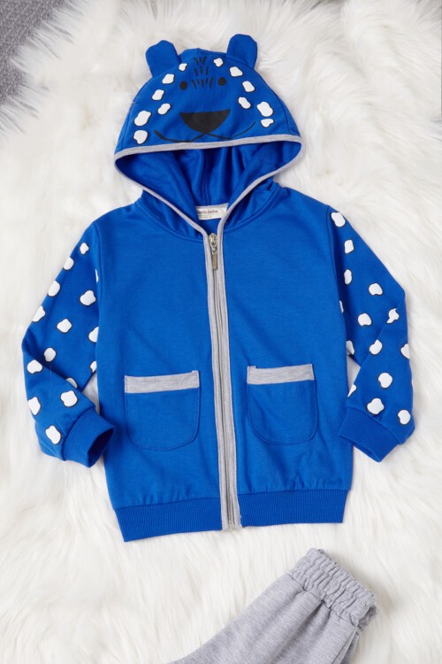 Lacivert Ayıcık Nakışlı Kapşonlu Hırkalı Erkek Bebek Takımı 16628