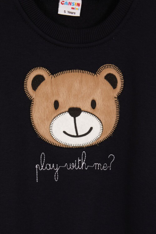 Lacivert Erkek Çocuk Sevimli Ayıcık Temalı Şardonlu 3 İplik 2li Takım