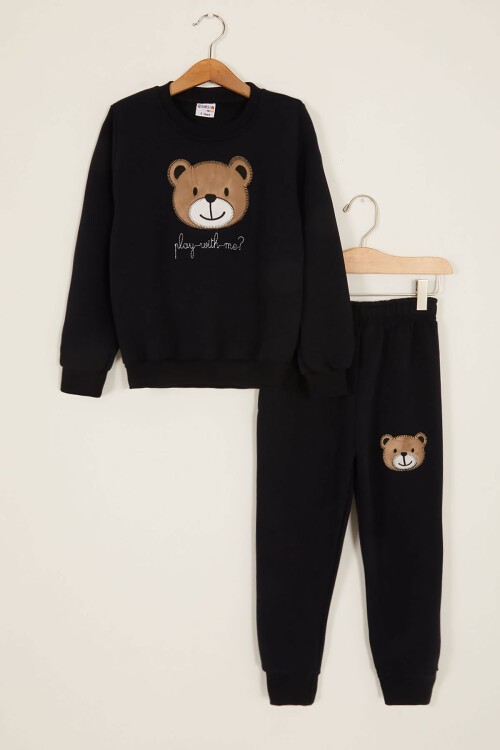 Lacivert Erkek Çocuk Sevimli Ayıcık Temalı Şardonlu 3 İplik 2li Takım