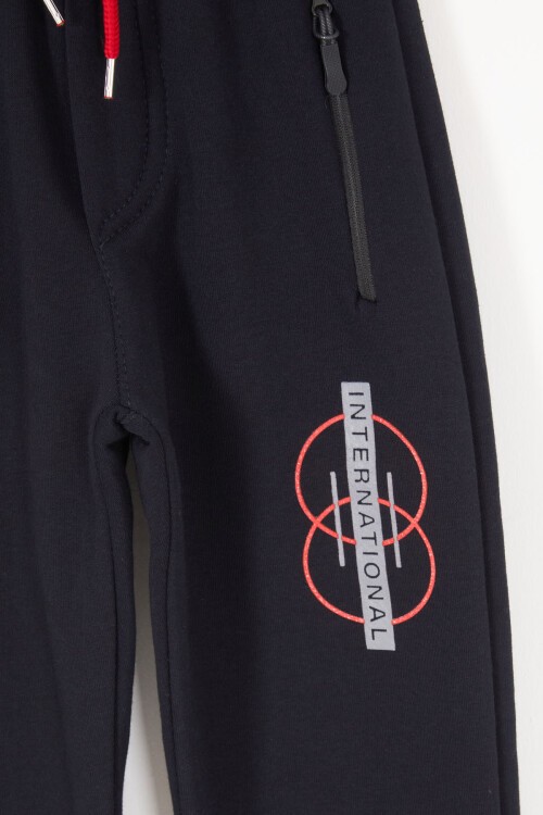 Lacivert Fermuarlı Cepli Yazı Baskılı Erkek Çocuk Şardonlu Eşofman Altı 17049