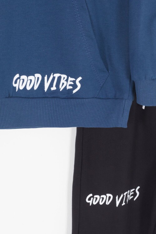 Lacivert Good Vibes Yazılı Kapüşonlu Erkek Çocuk Eşofman Takımı 16791