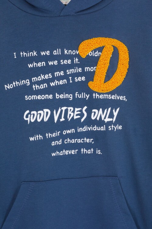 Lacivert Good Vibes Yazılı Kapüşonlu Erkek Çocuk Eşofman Takımı 16791