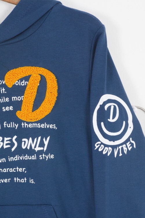 Lacivert Good Vibes Yazılı Kapüşonlu Erkek Çocuk Eşofman Takımı 16791