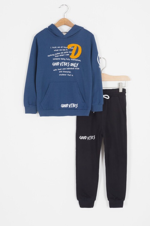 Lacivert Good Vibes Yazılı Kapüşonlu Erkek Çocuk Eşofman Takımı 16791