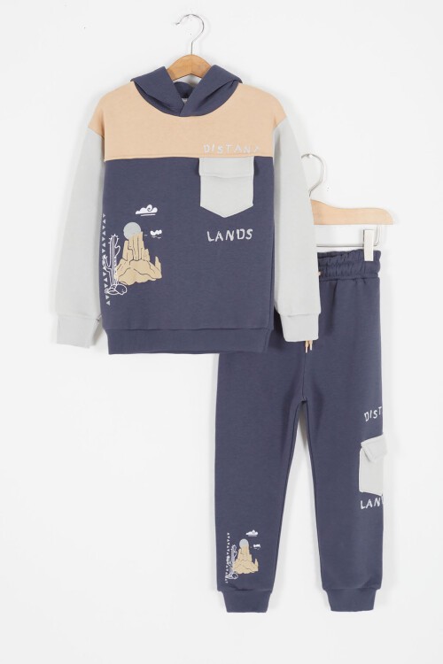 Lacivert Kaktüs Baskılı Üç İp Şardonlu Erkek Çocuk Eşofman Takım 17112