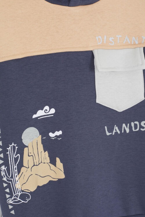 Lacivert Kaktüs Baskılı Üç İp Şardonlu Erkek Çocuk Eşofman Takım 17112