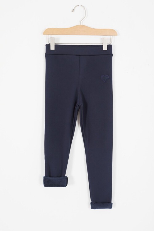 Lacivert Kalp Nakışlı İçi Peluş Kız Çocuk Tayt 17179