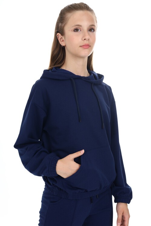 Lacivert Kanguru Cepli Kapşonlu Kız Çocuk Eşofman Takımı 16845