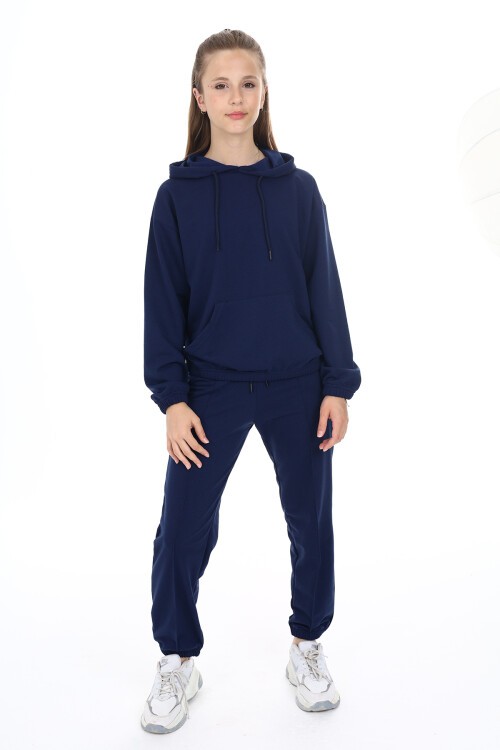 Lacivert Kanguru Cepli Kapşonlu Kız Çocuk Eşofman Takımı 16845