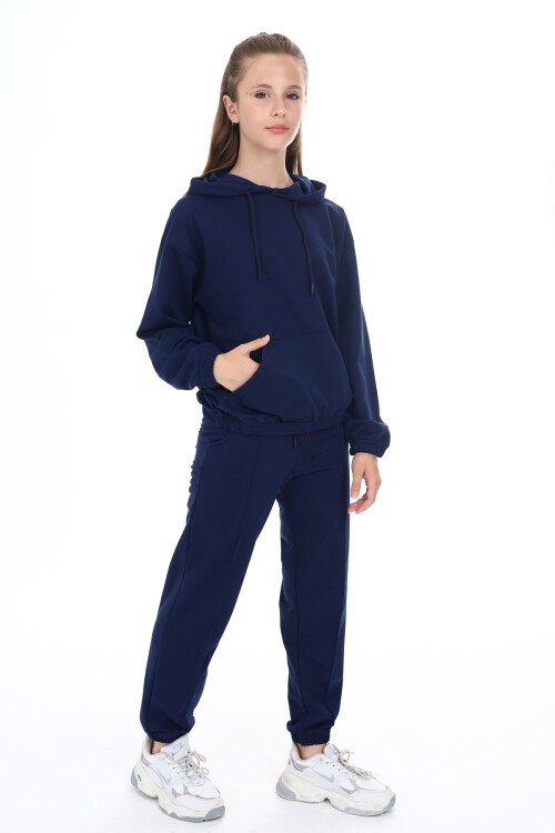 Lacivert Kanguru Cepli Kapşonlu Kız Çocuk Eşofman Takımı 16845