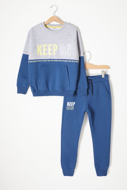 Lacivert Kanguru Cepli Yazı Baskılı Erkek Çocuk Polarlı Eşofman Takımı 16736
