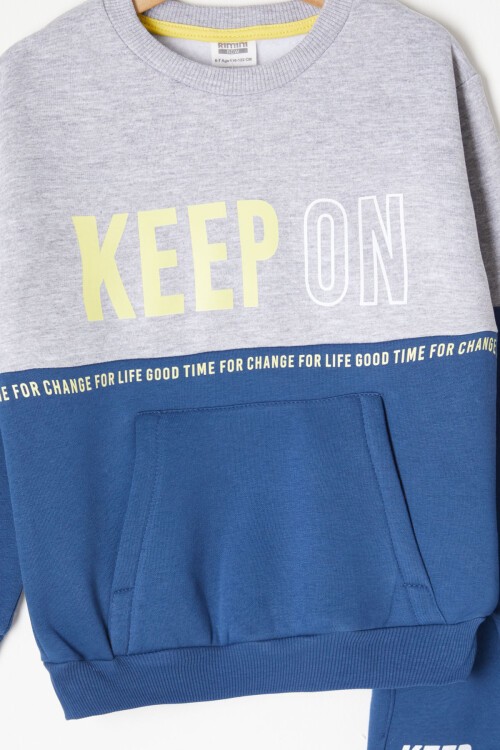 Lacivert Kanguru Cepli Yazı Baskılı Erkek Çocuk Polarlı Eşofman Takımı 16736