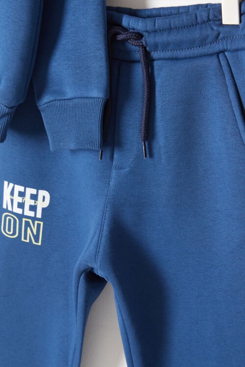 Lacivert Kanguru Cepli Yazı Baskılı Erkek Çocuk Polarlı Eşofman Takımı 16736