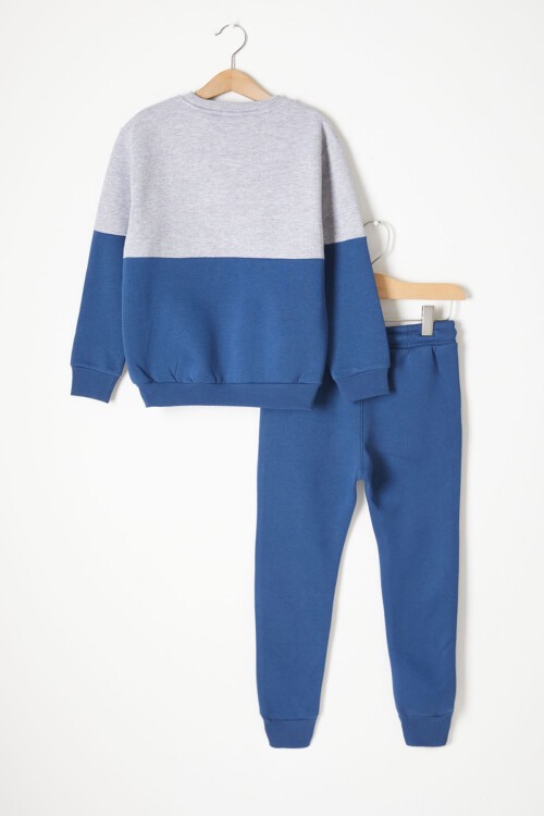 Lacivert Kanguru Cepli Yazı Baskılı Erkek Çocuk Polarlı Eşofman Takımı 16736